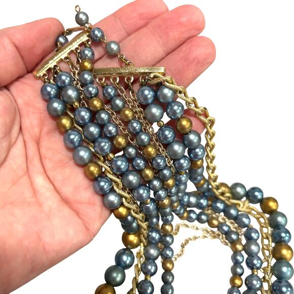 Vintage multistrand necklace dramatic beads & chains blue & gold mid century - Picture 3 of 6